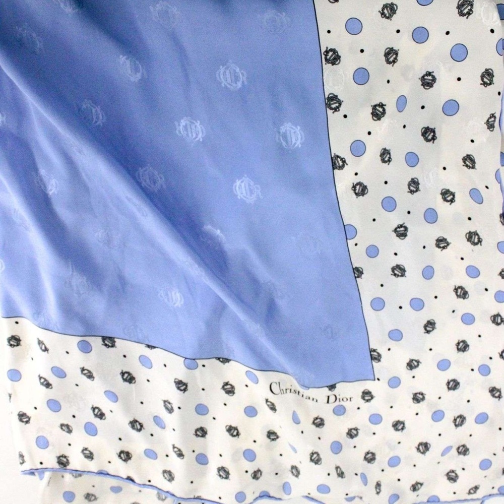 Authentic Dior White and Light Blue Polka Dot Silk Scarf with Black Emblem - Picture 5 of 7